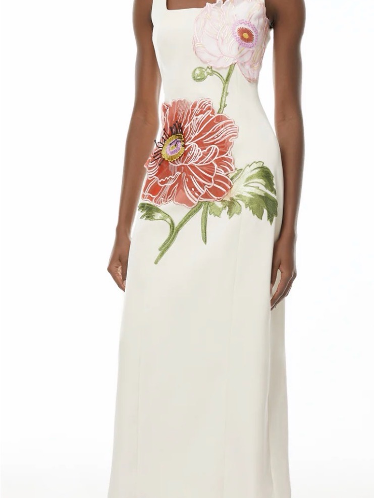 Ivory Maxi Dress With Embroidered Floral Appliqu